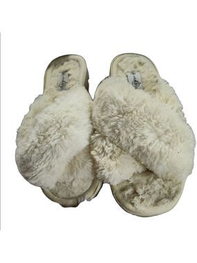 Sole Mates cream open toe open heel criss cross fluffy slides slippers size 7/8